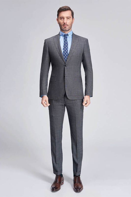 Advanced Grey Plaid Mens Suits for Business | Peak Lapel Modern Suits for Men Sale