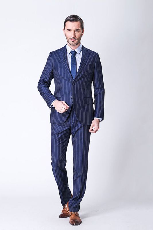 Stripes Single Two Buttons Navy Blue Mens Suits for Formal