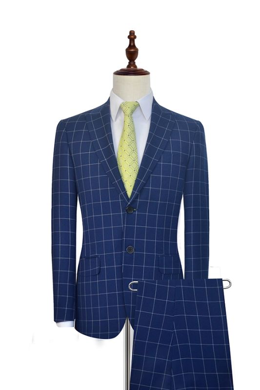 Flap Pocket Peak Lapel Grey Checked Navy Blue Mens Suits