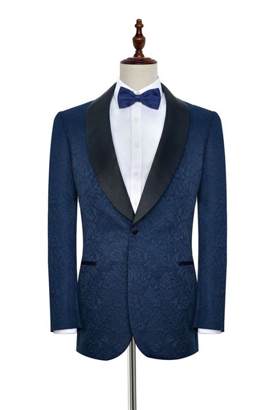 Bennett Navy Blue Mens Suits for Weddings | Jacquard Black Silk Shawl Lapel Prom Suits