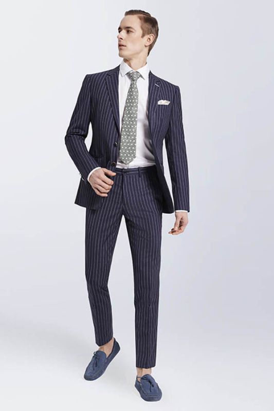 Modern Stripes Navy Prom Suits | Narrow Notch Lapel Leisure Suits for Men