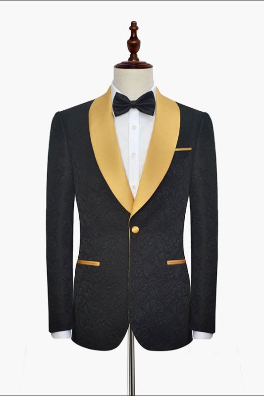 Gold Shawl Lapel One Button Tailored Wedding Tuxedo Black Jacquard