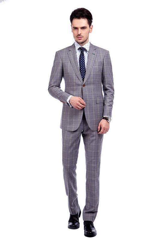 Light Grey Checked Stylish Notch Lapel Mens Suits