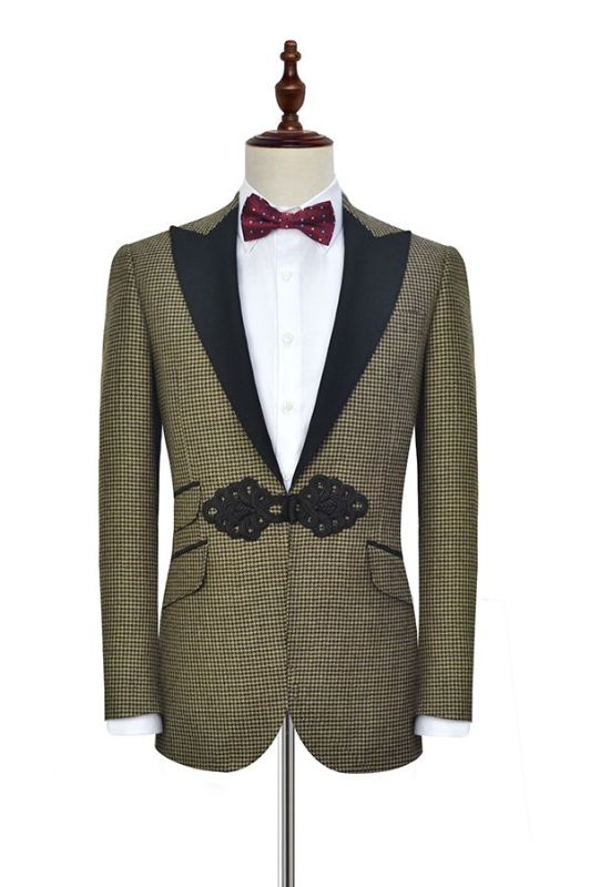 Retro Small Checked Prom Suits | Knitted Button Black Peak Lapel Wedding Suits for Men