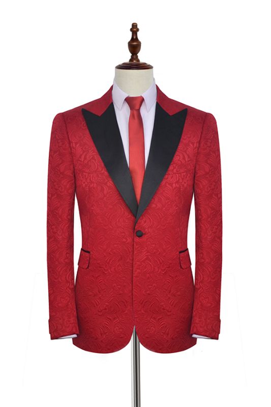 Bright Red Jacquard Peak Lapel with Black Silk Unique Mens Suits