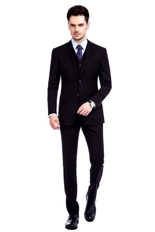Modern Solid Black Three Piece Suits for Men