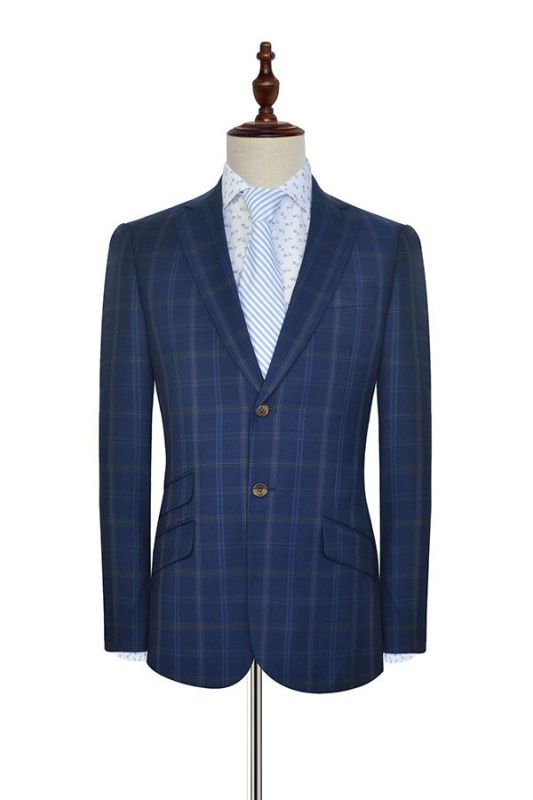 Check Pattern Blue Suits for Men | Notch Lapel Flap Pocket Plaid Mens Suits for Business