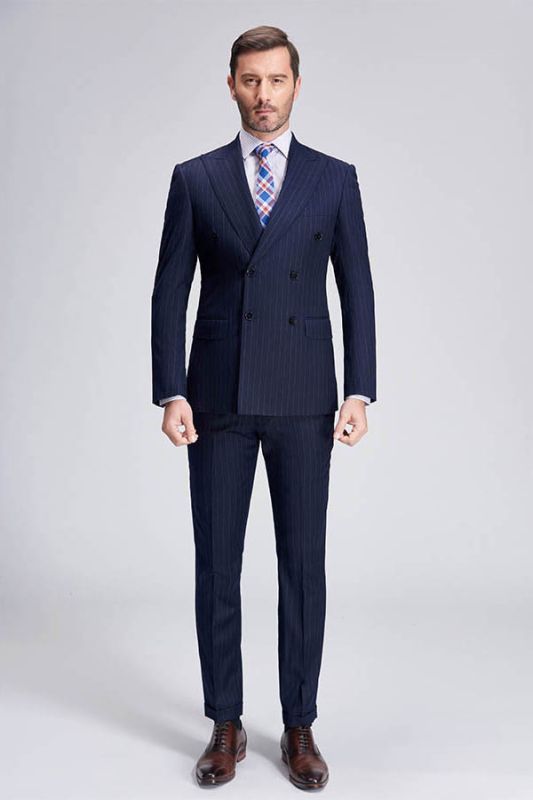 Superior Peak Lapel Double Breasted Mens Suits | Pinstripe Dark Navy Suits for Men Formal