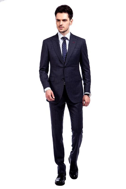 Peak Lapel Small Checked Dark Grey Suits For Men