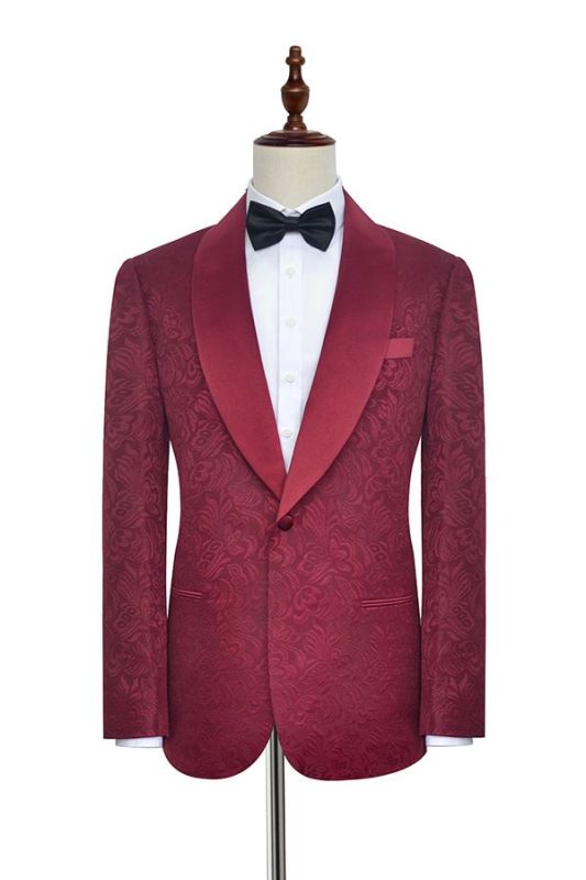 Luxury Burgundy Jacquard One Button Silk Shawl Lapel Mens Suits for Wedding and Prom