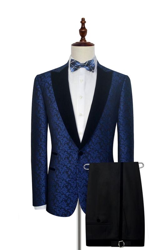 Blue Floral Patter Tuxedos for Wedding | Black Velvet Peak Collar Prom Suits