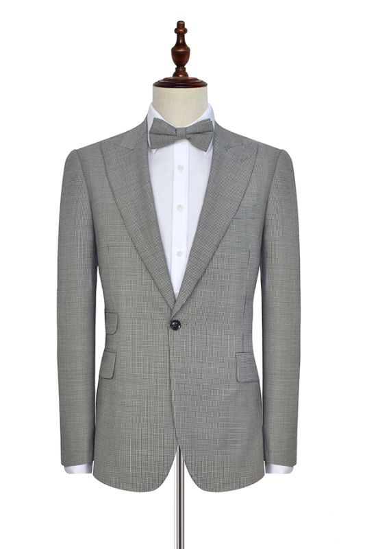 Small Plaid Grey Leisure Suits for Men | Peak Lapel One Button Mens Suits for Business