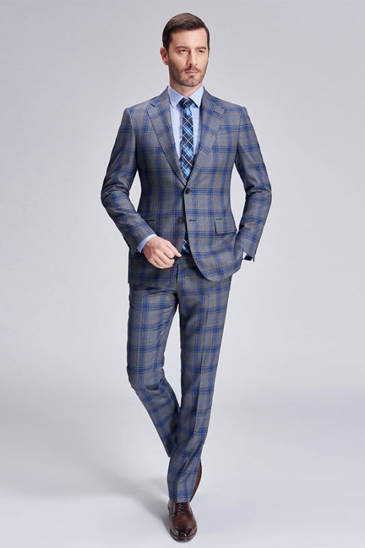 Premium Blue Plaid Grey Mens Suits | Notch Lapel Two Button Suits for Men