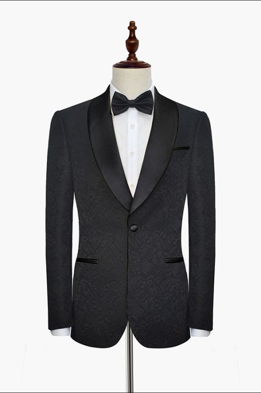 Classic Black Jacquard Wedding Tuxedo for Men Shawl Lapel Silk One