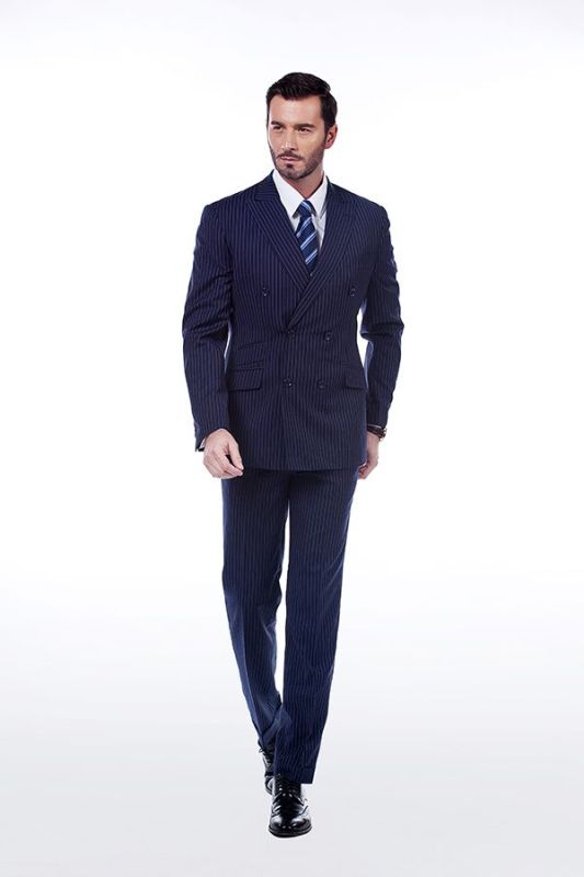 Noble Peak Lapel Dark Navy Mens Suits | Stripes Double Breasted Suits for Men