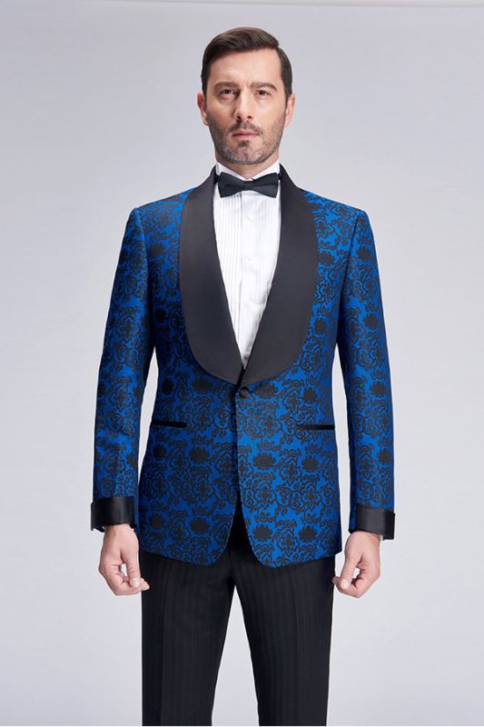 Black Shawl Lapel Blue Jacquard Wedding Suit Blazers for Men
