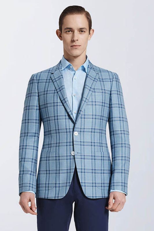 Modern Light Blue Plaid Suit Blazer Jacket Casual for Prom