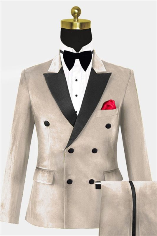 Beige Velvet Slim Fit Tuxedo | Double Beasted Prom Suits Online