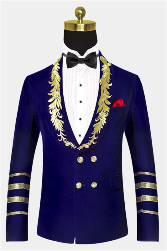 Royal Blue Blazer for Men | Gold Embroidered Lapel Velvet Jacket