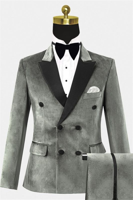 Double Breasted Velvet Tuxedo | Silver Peak Lapel Prom Suits
