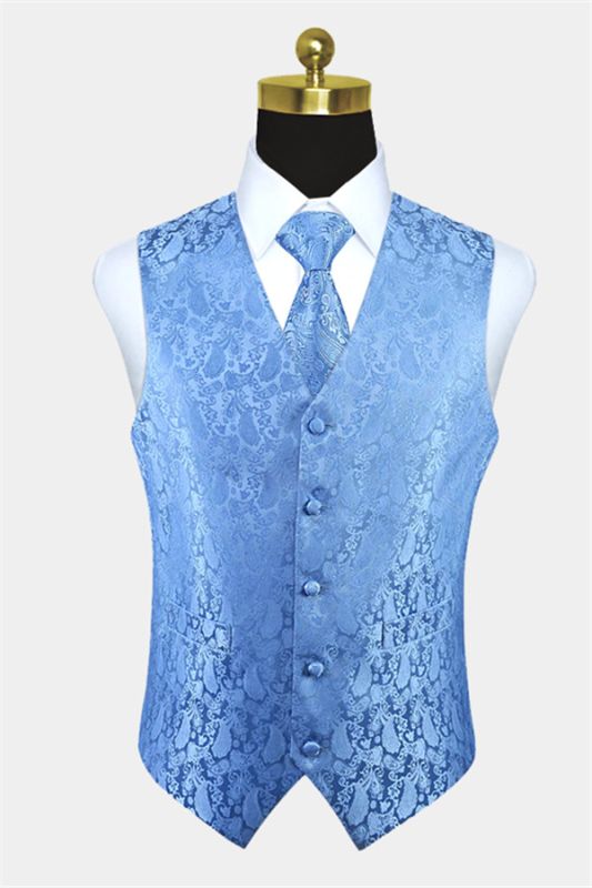 Light Blue Party Prom Paisley Mens Waistcoat with Tie Set