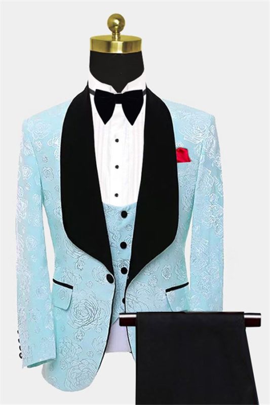 Floral Turquoise Tuxedo with Shawl Lapel | Three Pieces Prom Suits