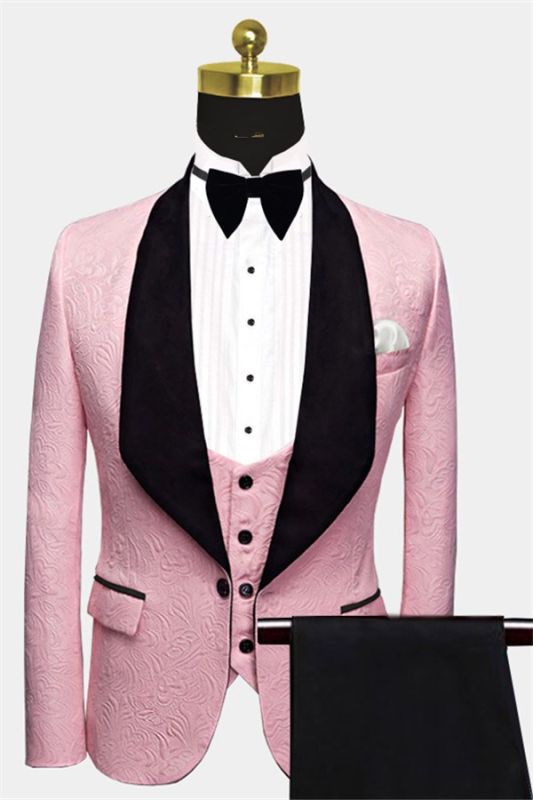 Gorgeous Pink Jacquard Prom Suits | Three Pieces Men Suits with Black Lapel