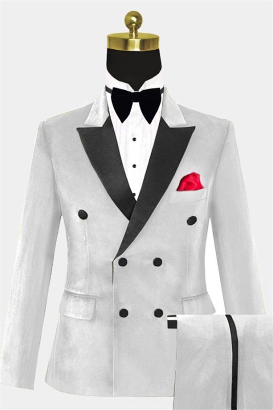 White Velvet Double Breasted Tuxedo | Classic Four Buttons Slim Fit Suits for Men