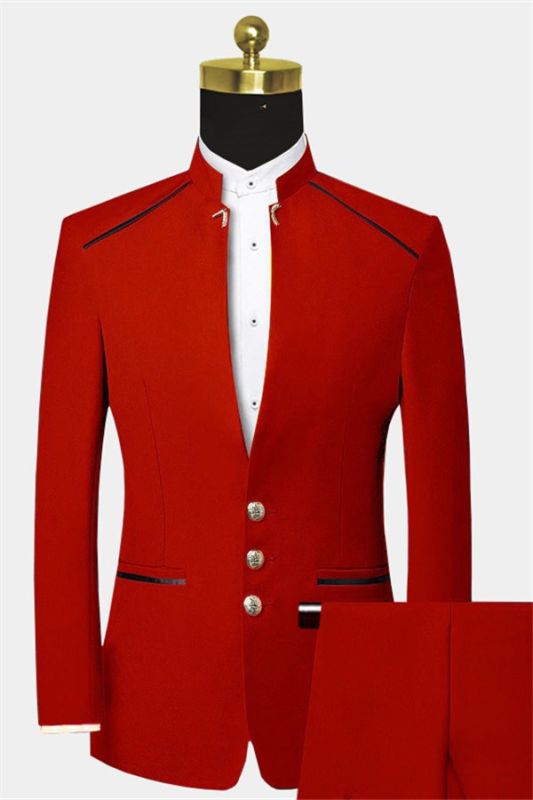 Classic Red Mandarin Collar Men Suits Cheap Formal Two Pieces Prom