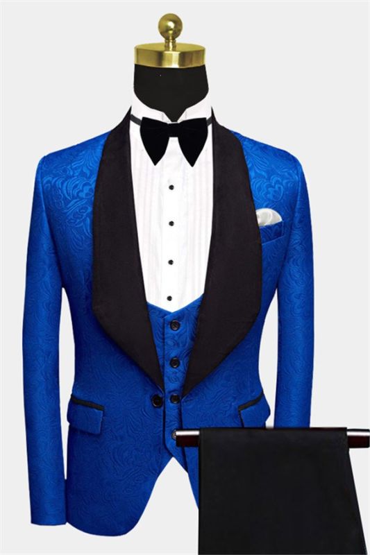 Royal Blue Floral Jacquard Men Suits | Slim Fit Tuxedo Online (Jacket vest pants shirt)