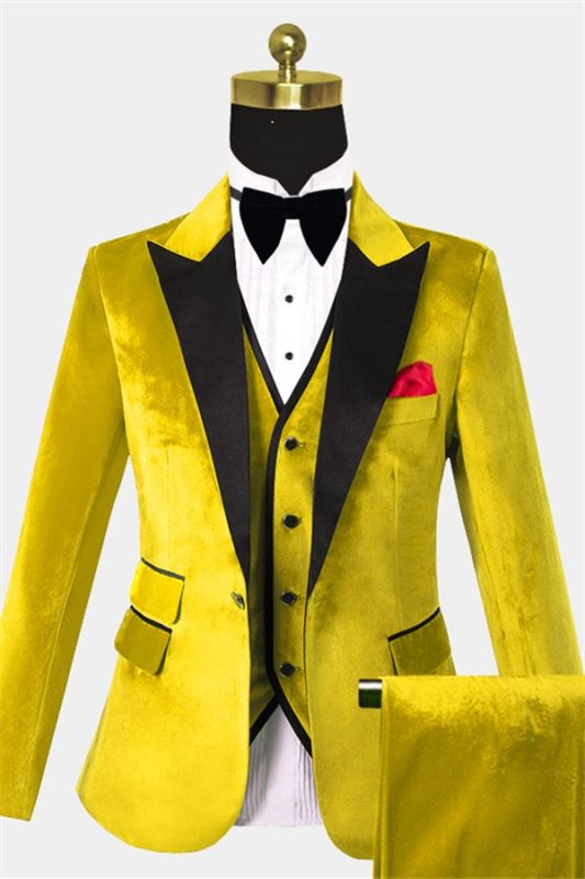 Yellow Velvet Tuxedo for Men | Three Pieces Slim Fit Prom Suits