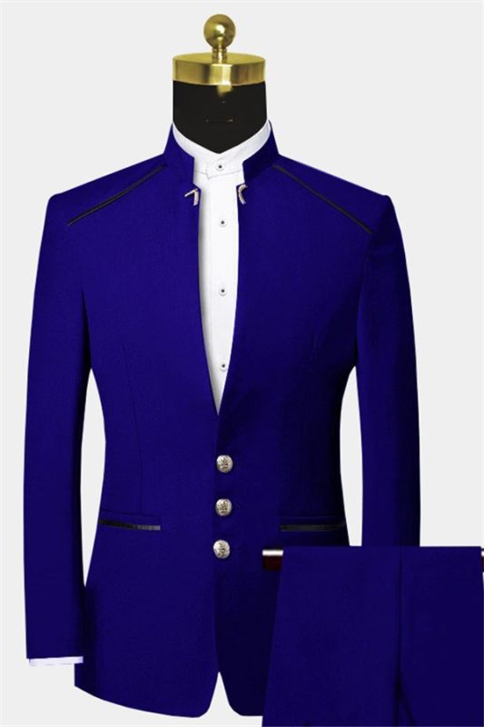 Bespoke Two Pieces Cheap Suits Royal Blue Men Suit with Mandarin