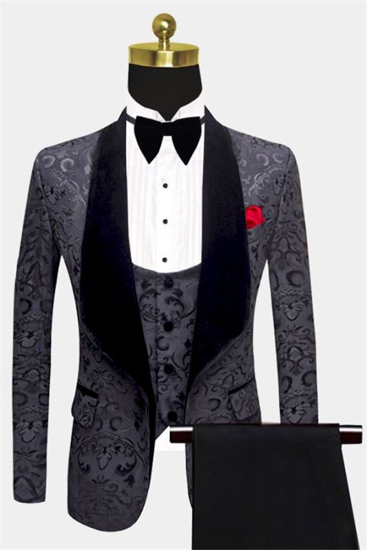 Black Jacquard Men Suits with 3 Pieces | Unique Dinner Suits for Prom