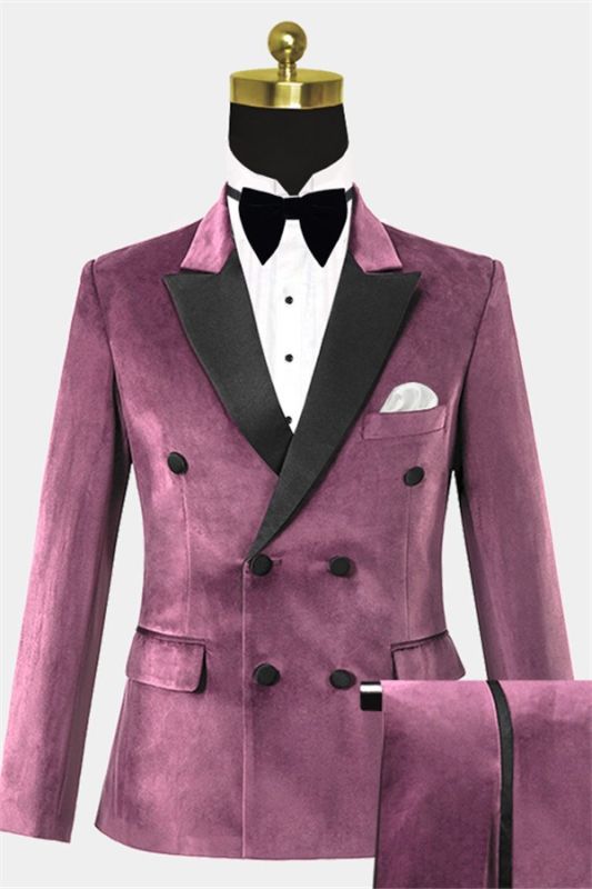 Mauve Velvet Tuxedo with 2 Pieces | Peak Lapel Double Breasted Best Suits for Men