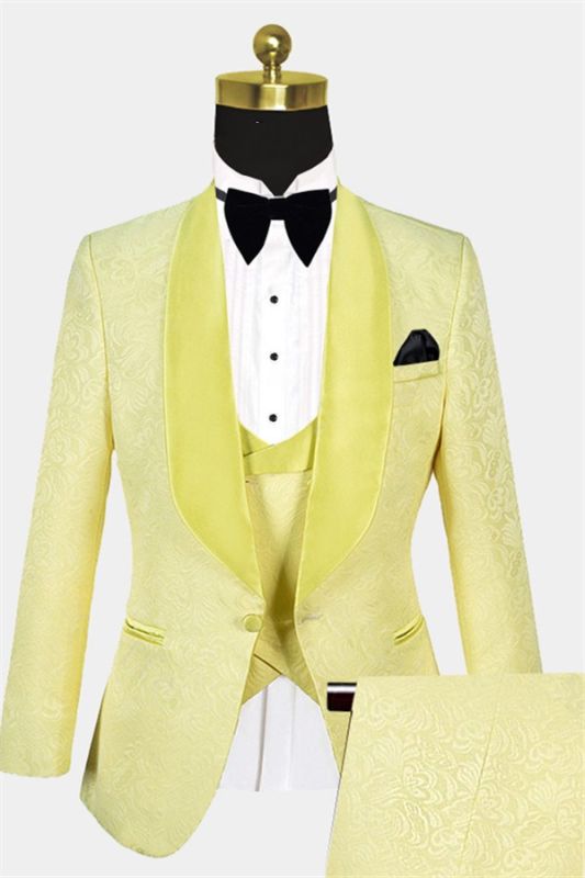 Yellow Jacquard Men Suits | Three Pieces Shawl Lapel Tuxedo