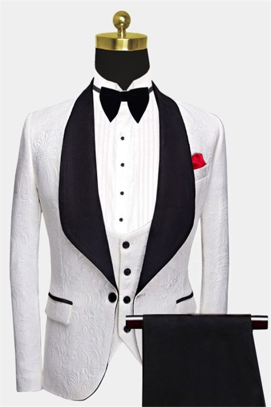 Floral White Men Suits with Black Lapel | Three Pieces Dinner Suits for Men
