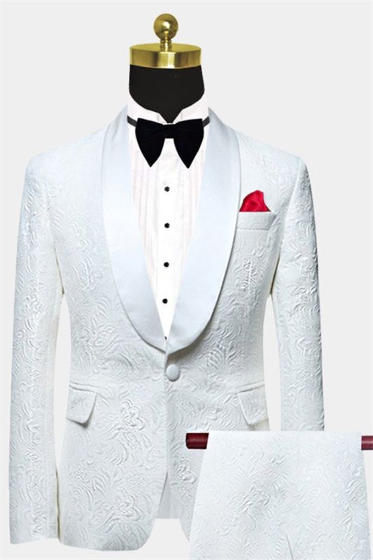 White Jacquard Wedding Men Suits | Elegant Two Piece Shawl Lapel Groom Suits