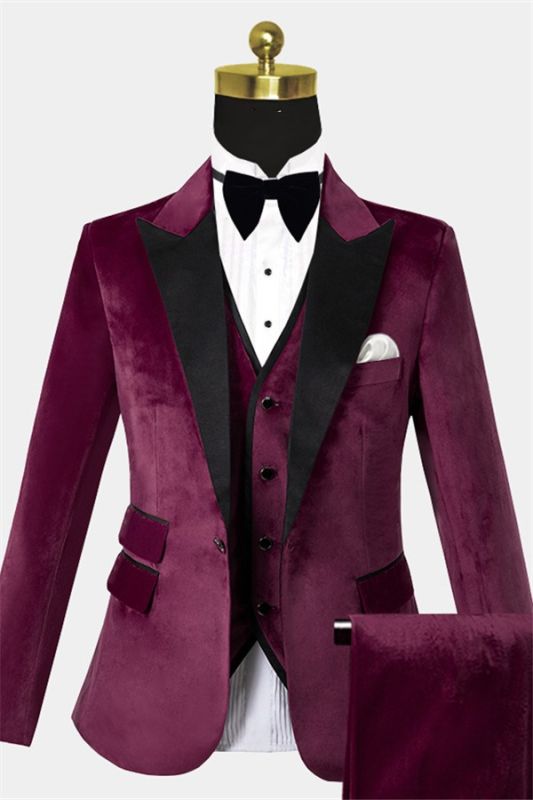 Burgundy Velvet Three Pieces Tuxedo | Peak Lapel Prom Suits For Men