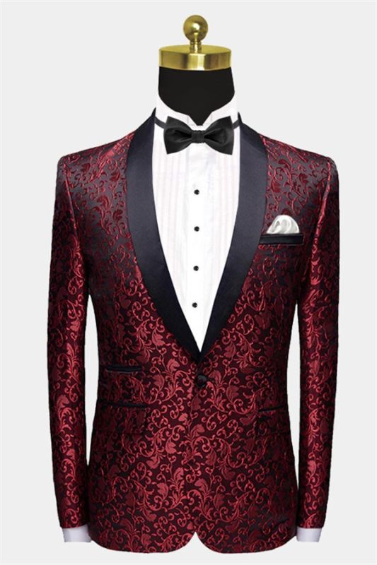 Burgundy paisley slim fit tuxedo jacket – men's wedding & prom blazer with satin shawl lapel