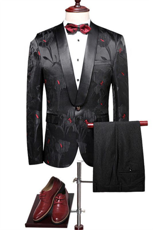 New Arrival Black Prom Men Suits Online | Jacquard Peak Lapel Tuxedo with 2 Pieces