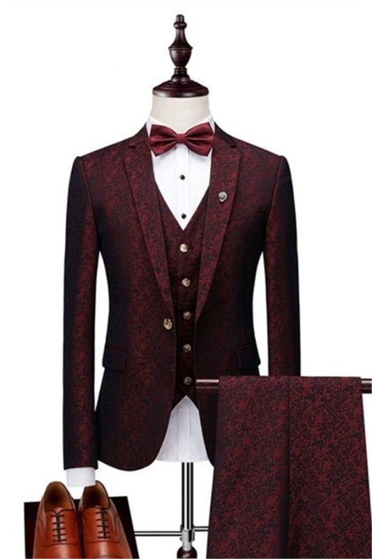 Wine Ruby Notched Laple Prom Suits for Men | Bespoke Three Pieces Jacquard Tuxedo