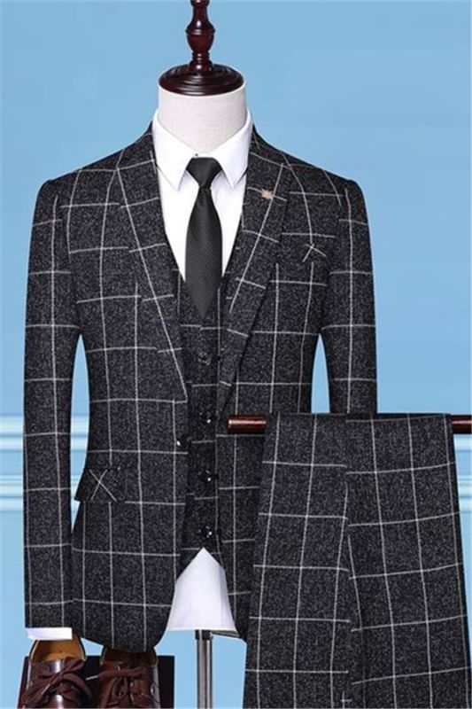 Black Plaid Business Men Suits Online | Notched Laple Three Pieces Bespoke Prom Suits