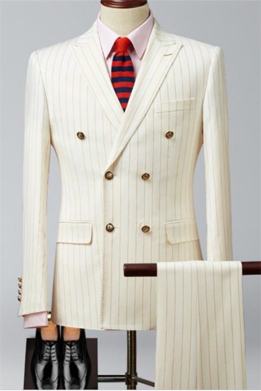 Beige Peak Lapel Double Breast Tuxedo | Formal Stripe Business Men ...