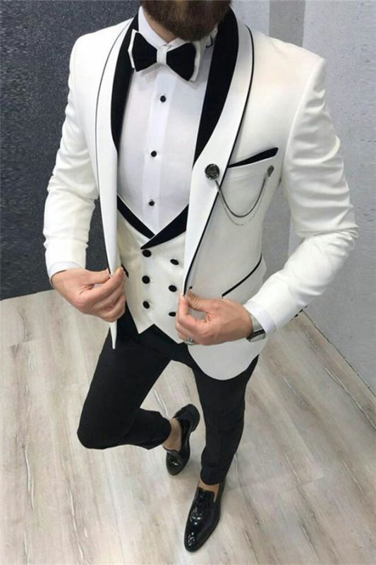 White Wedding Tuxedos with Black Lapel | Groom Suits for Men3 Pieces