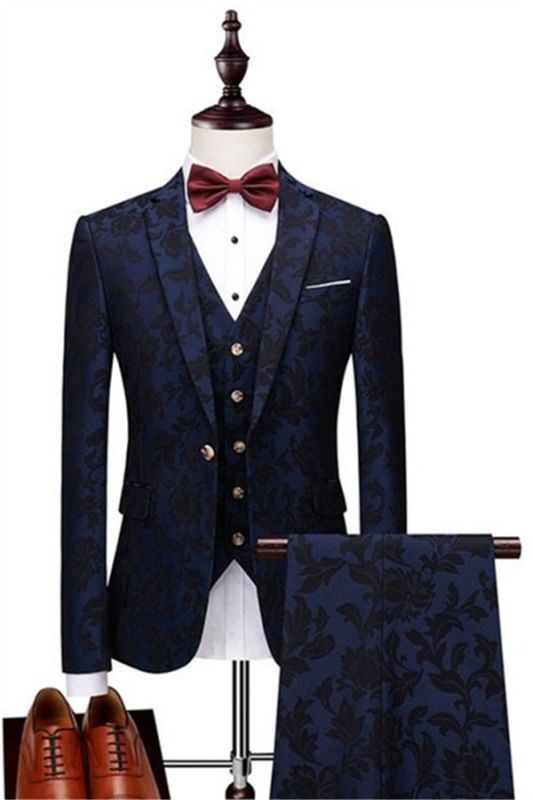 Navy Blue Jacquard Prom Men Suits | High Quality Classic Tuxedo with Three Pieces