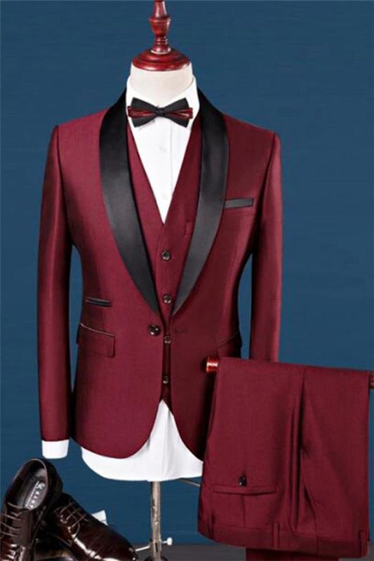 Wine Red Shawl Lapel Wedding Tuxedos | Dress Prom Men Suits 3 Pieces ...