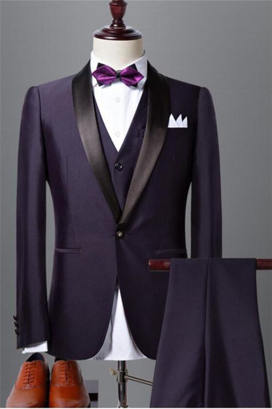 Classic Dark Purple Shawl Lapel Black Wedding Tuxedo| Bespoke Prom Dress Suit 3 Pieces