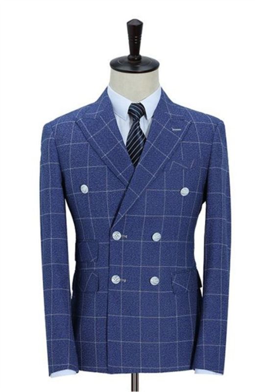 Double-Breasted Ocean Blue Business Men Blazer | Men's Wedding Plaid Slim Fit Tuxedo