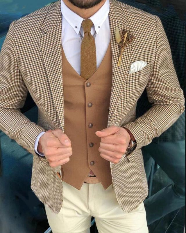 Camel Houndstooth 3 Pieces Men Blazer Custom Slim Fit Jacket Allaboutsuit