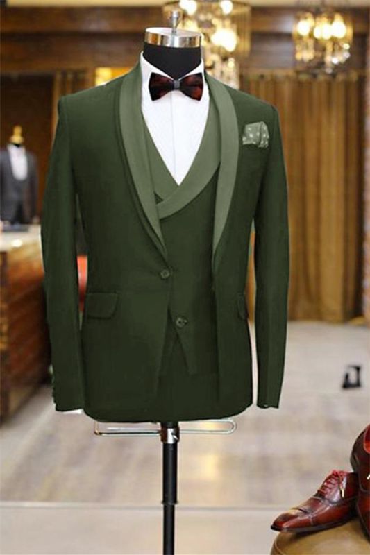 Newest Olive Green Shawl Lapel Tuxedo | 3 Pieces Men Prom Dress Suits Tuxedos